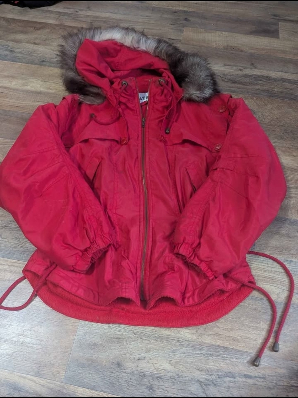 Vintage At Ease Red Hooded Winter Parka Jacket Sz S Faux Fur Made In Hong Kong